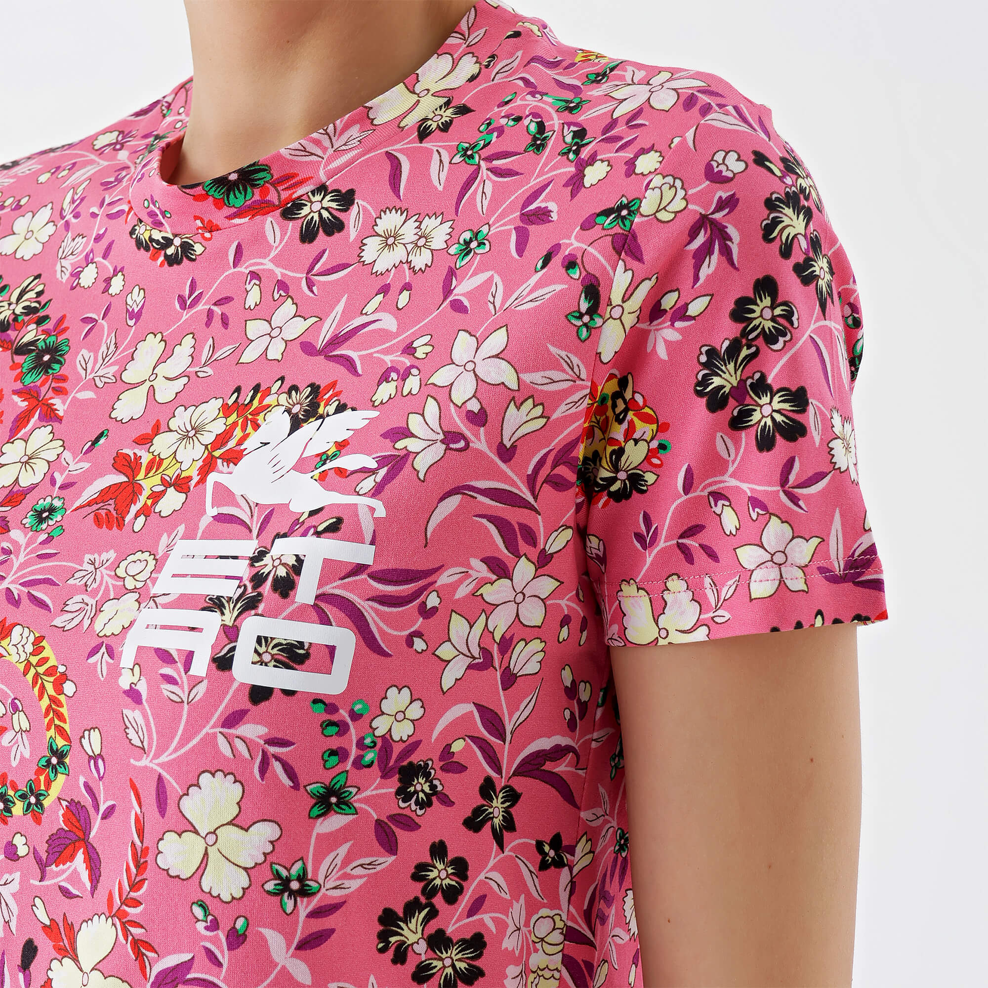 Etro-Pink Cotton Paisley Floral Logo Printed T-Shirt